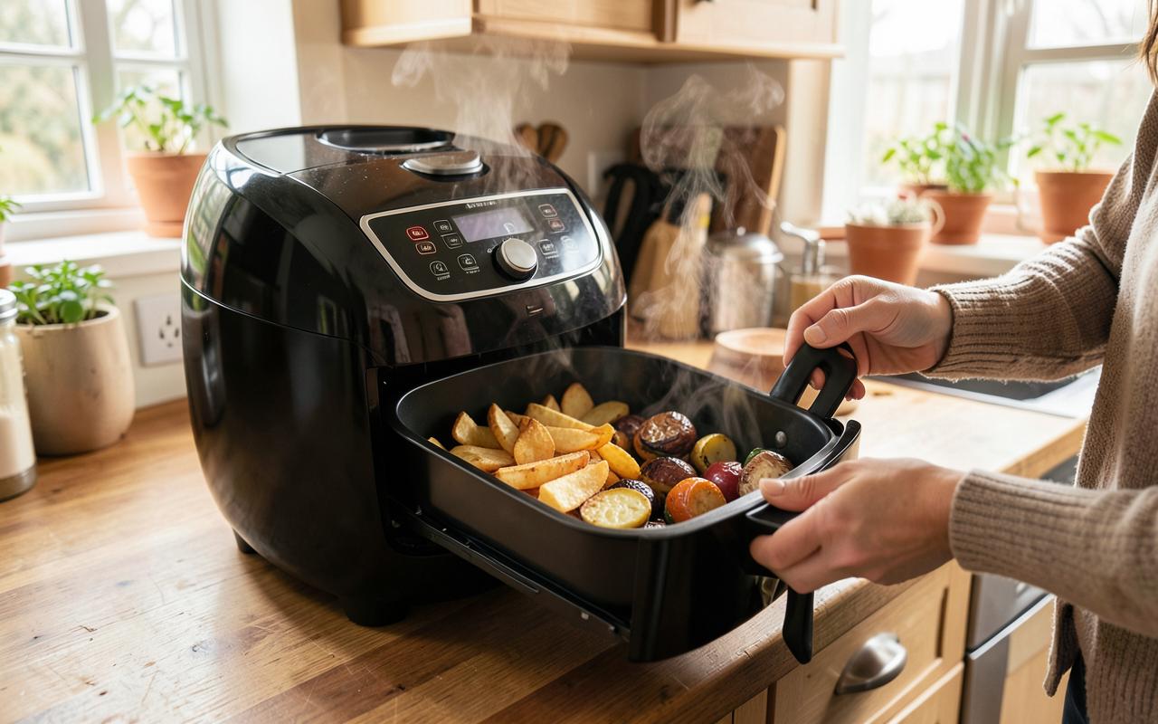 An air fryer on a kitchen counter with crispy roasted vegetables inside the basket