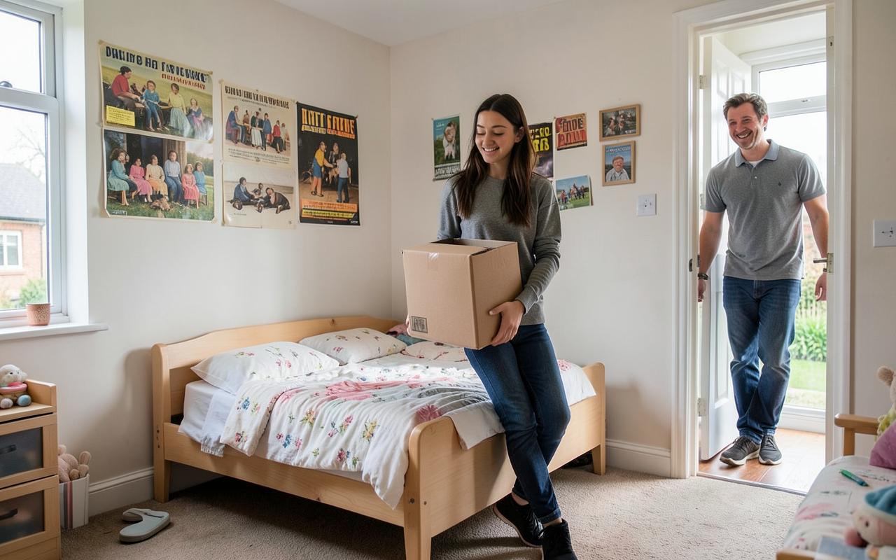 A young adult unpacking boxes in a childhood bedroom