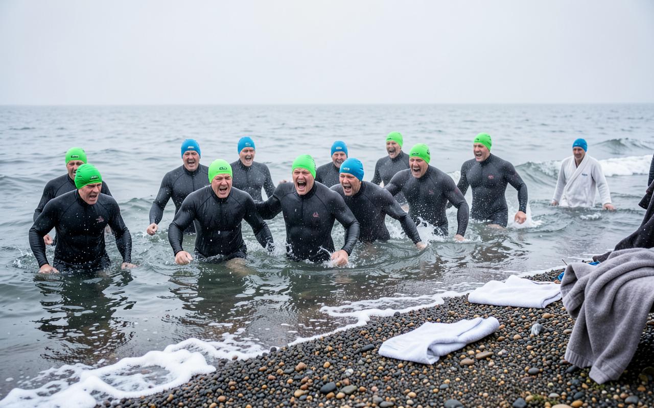 A cold water swimmer wading into the sea at dawn