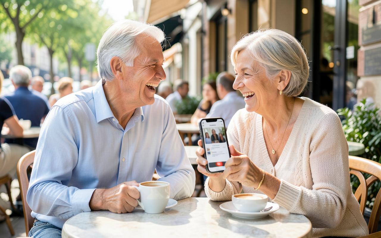 An older couple laughing together over coffee at a cafe table