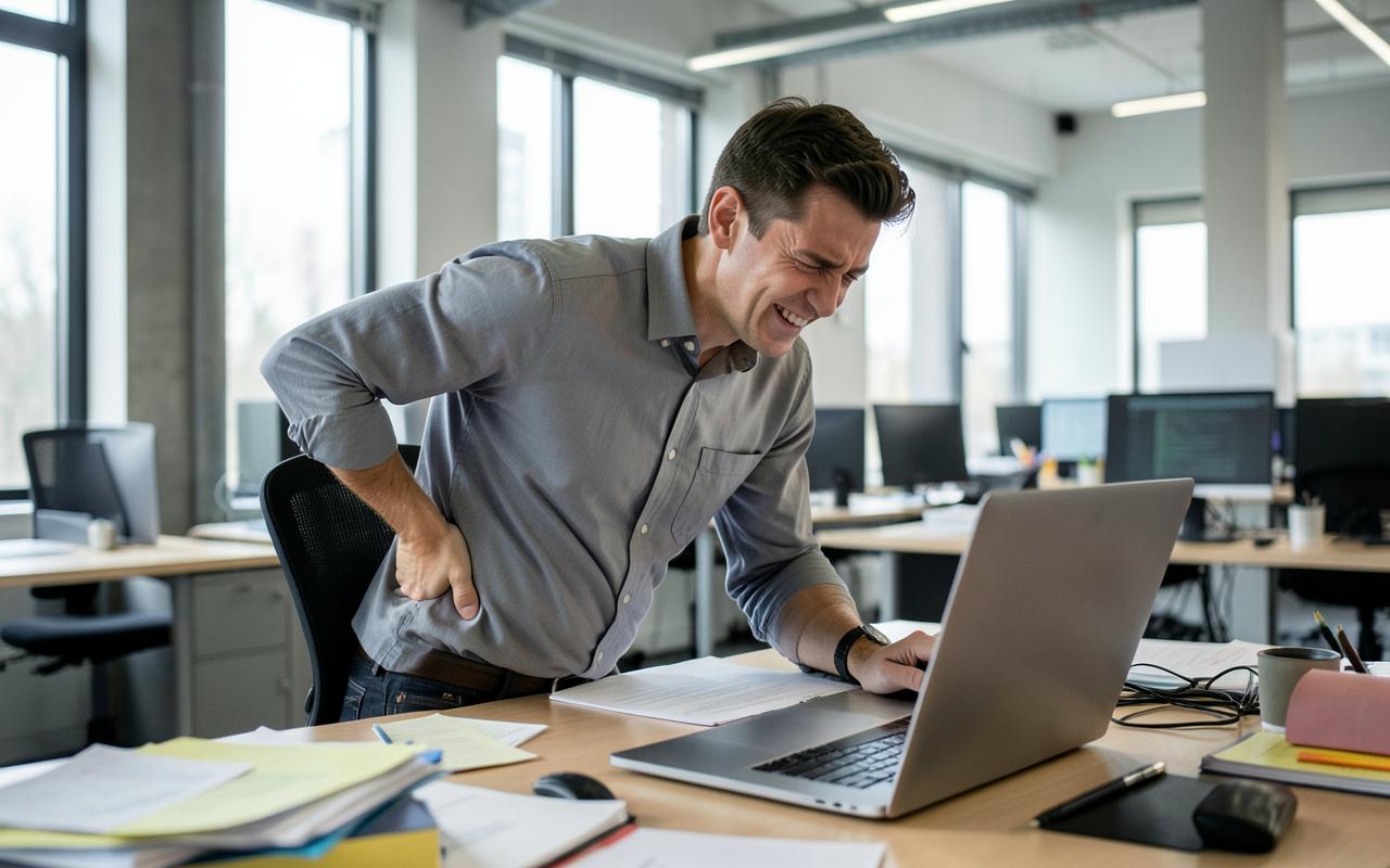A person clutching their lower back while sat at a home desk