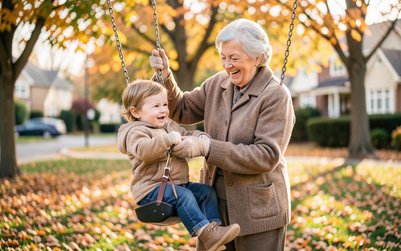 A grandmother playing with two young children in a garden