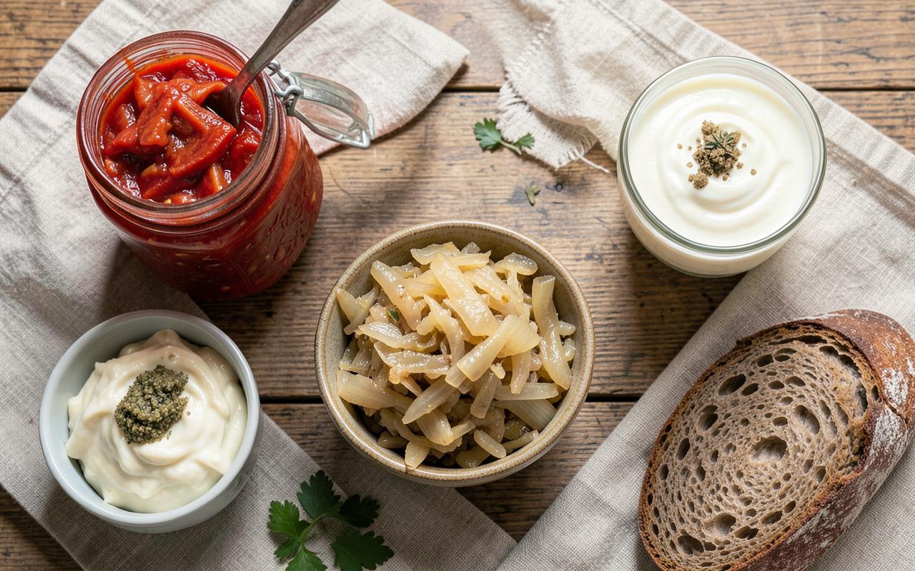 Jars of kimchi, sauerkraut and a bottle of kefir on a wooden kitchen counter