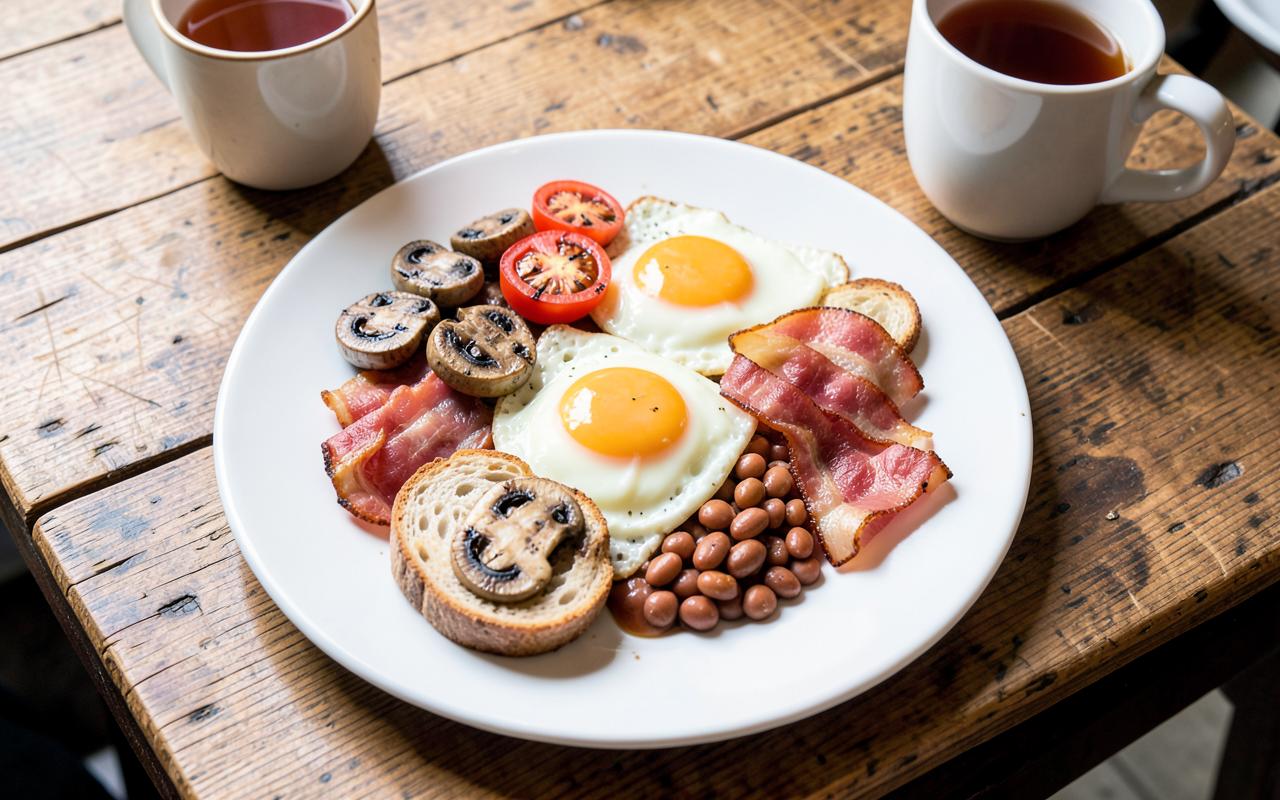 A traditional full English breakfast on a plate with sausage, bacon, eggs and beans