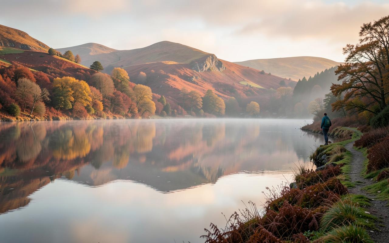 Golden autumn bracken and fells reflected in a still Lake District tarn