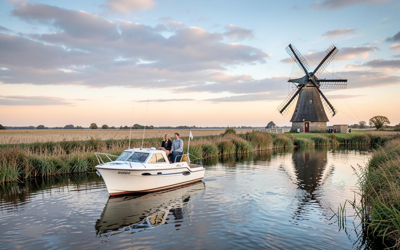 A traditional cabin cruiser gliding along a calm, reed-lined Norfolk Broads waterway at sunset