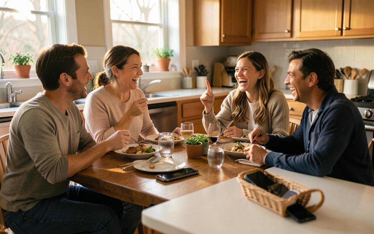 A family sat around a dinner table with phones stacked in a bowl