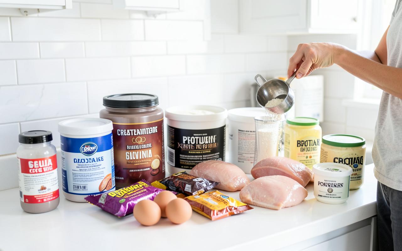 Various high protein snack packets and a protein shake on a kitchen counter