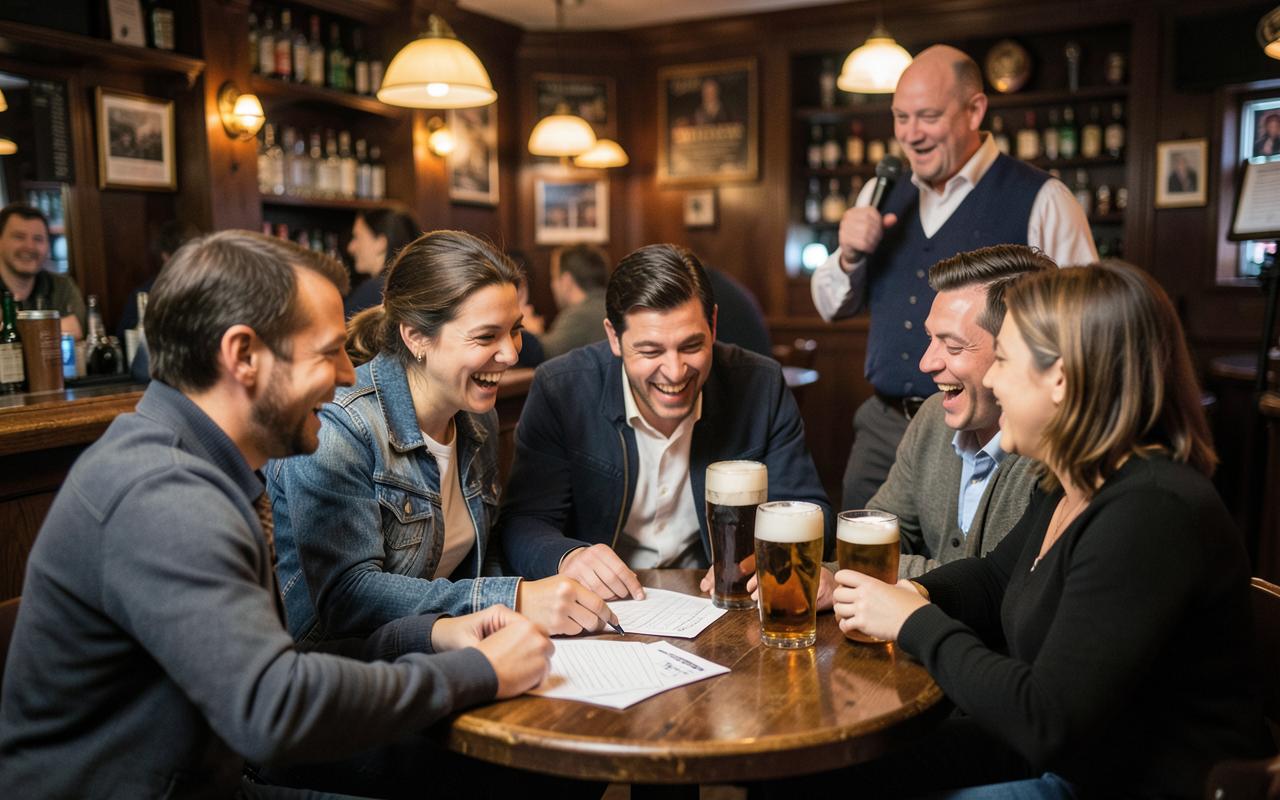 Crowded pub with teams huddled over quiz sheets under warm lighting