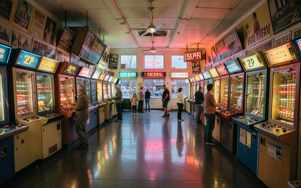 Neon-lit seaside arcade with penny falls machines glowing at dusk