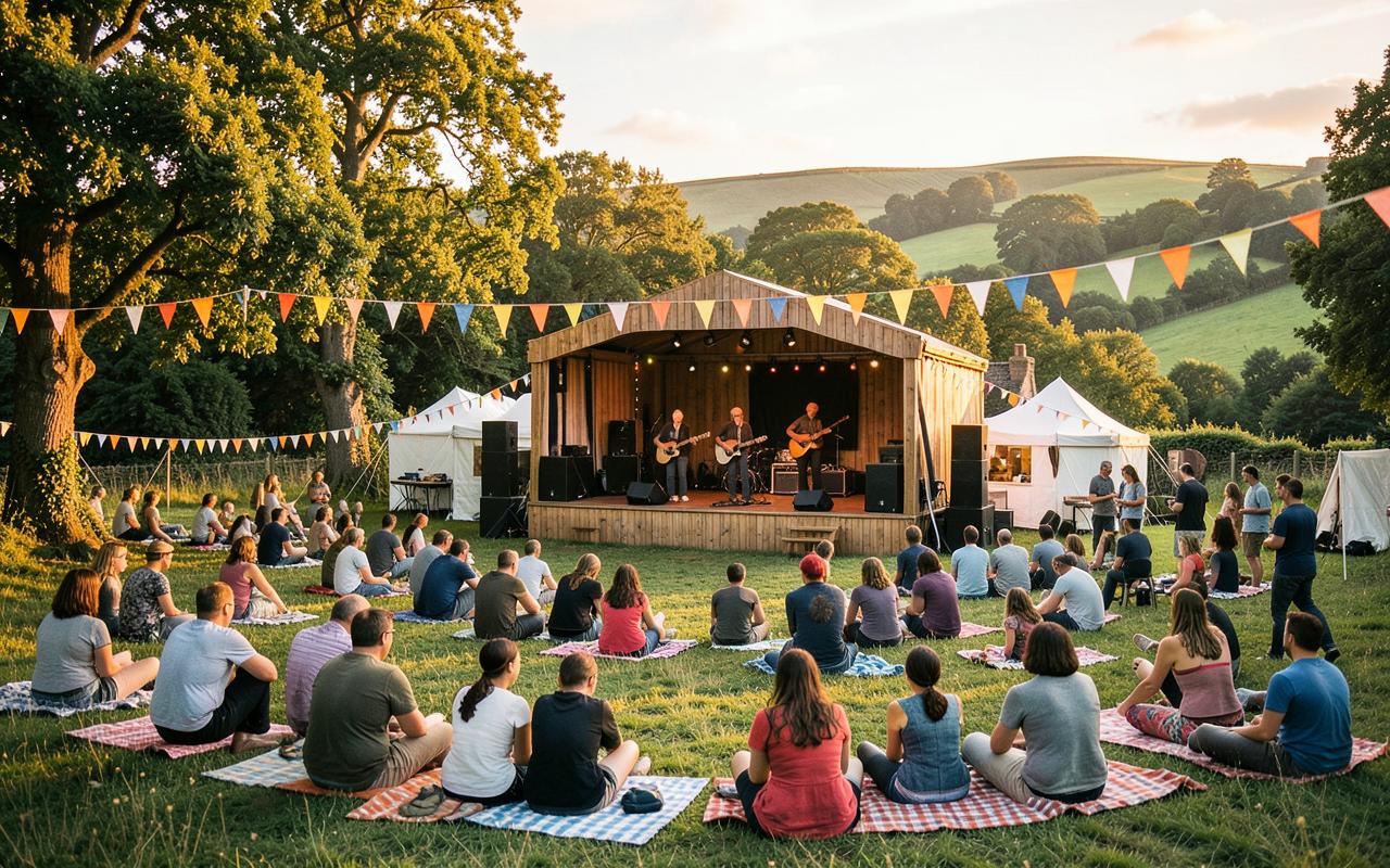 Small festival field with fairy lights strung between trees at dusk