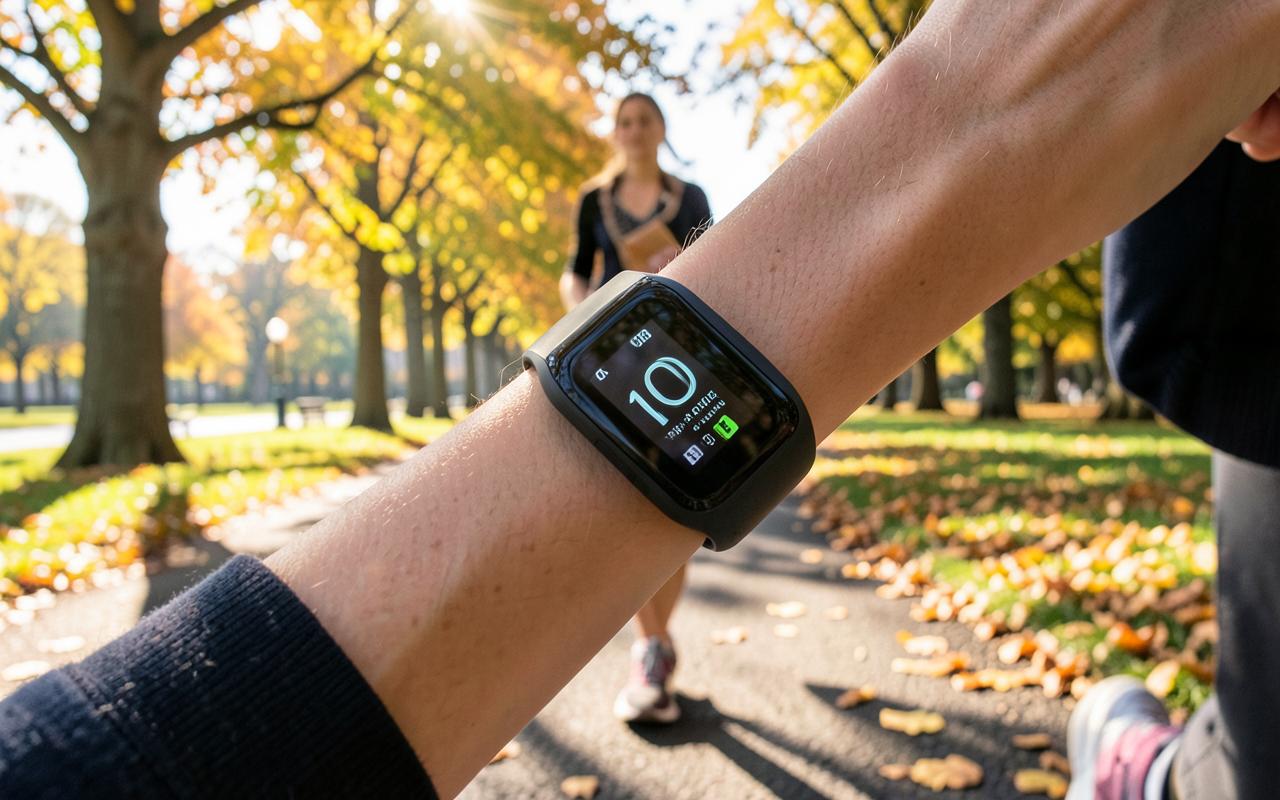 A close-up of a fitness tracker showing a step count on a wrist