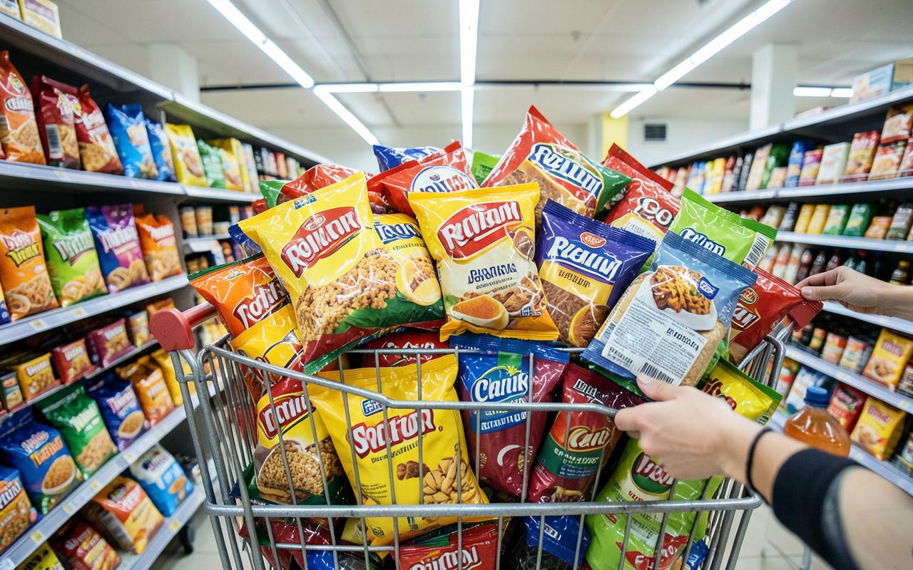 A shopping trolley filled with brightly packaged supermarket food