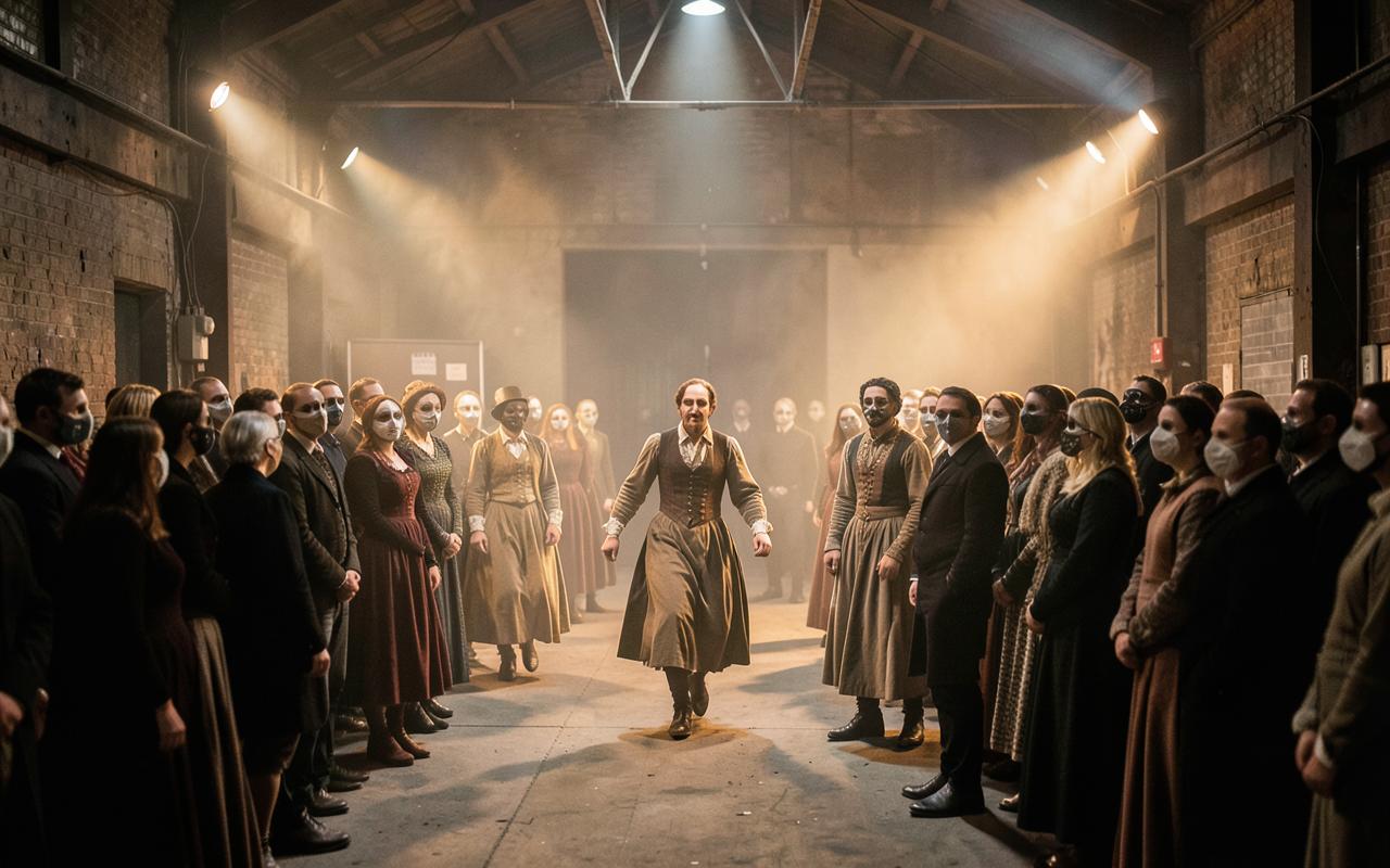 A dimly lit immersive theatre set with velvet curtains and masked performers