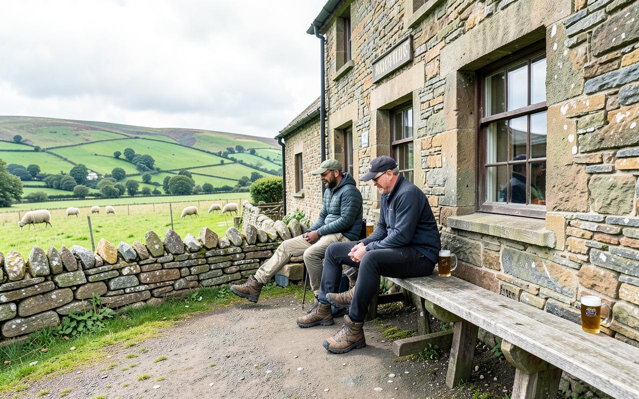 A drystone-walled path across green Yorkshire Dales hills leading to a village pub